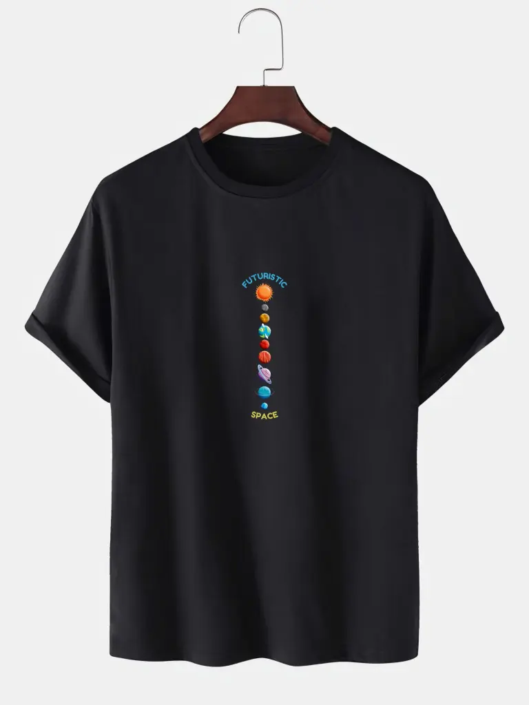  Black "Futuristic Space" Planet Graphic T-Shirt