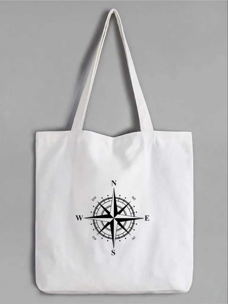 Minimalist Compass Canvas Tote Bag – White