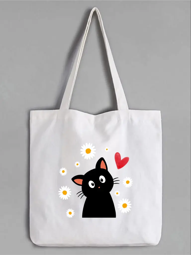 Cute Black Cat & Daisy Canvas Tote Bag – White
