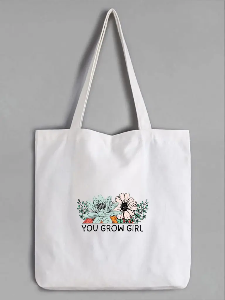 “You Grow Girl” Floral Tote Bag – White