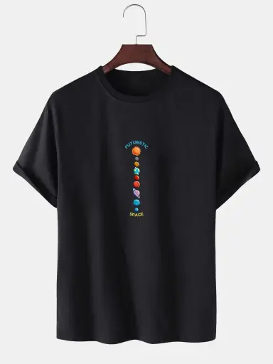  Black "Futuristic Space" Planet Graphic T-Shirt