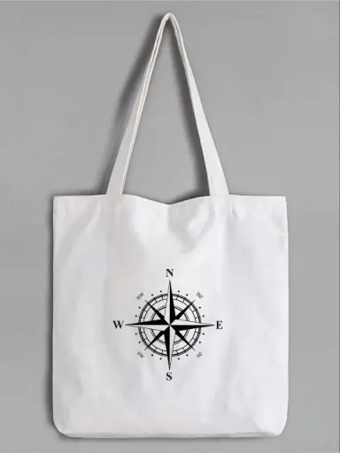 Minimalist Compass Canvas Tote Bag – White