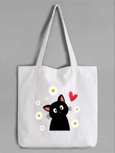Cute Black Cat & Daisy Canvas Tote Bag – White
