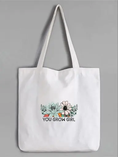 “You Grow Girl” Floral Tote Bag – White